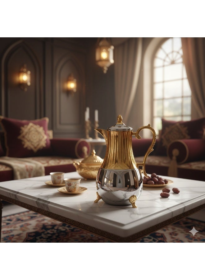 دبي كريستال ترمس قهوة وشاي فاخر مطلي بالذهب والفضة، معزول حرارياً، إبريق قهوة عربي ذهبي، تصميم دلة تقليدي، مقبض مزخرف، قاعدة مرتفعة، غطاء مزخرف. - Image 4